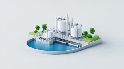 Water Treatment Plant Model with Tanks, Pipes, Trees and Water Features on a Minimalist Background