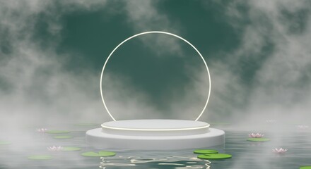 Serene product display on a podium in a misty swamp with lily pads