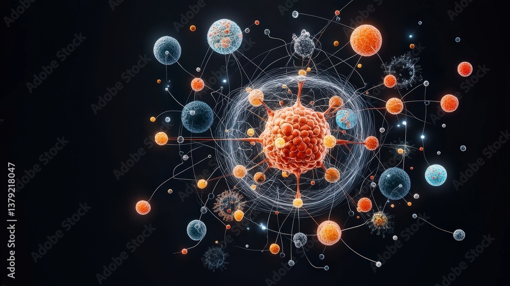 Poster abstract representation of atomic structures and relationships in a cosmic background.