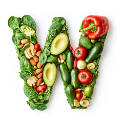 Letter &lsquo;W&rsquo; Made from Vitamin E-Rich Fruits and Vegetables on White Background