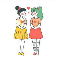 Illustrations set of cute girl and girl in Valentines festival costumes LGBTQ Concept simple line white background minimalist style