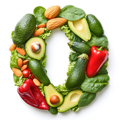 Letter &lsquo;O&rsquo; Made from Vitamin E-Rich Fruits and Vegetables on White Background