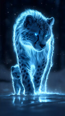 A 4K highresolution image of the Frosted Cheetah a sleek feline with a sparkling iceblue coat walking across a frozen lake under an aurora borealis Its cub small
