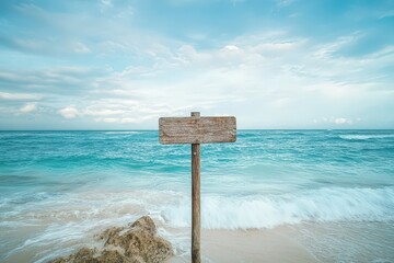 A weathered wooden sign stands on a sandy ocean beach