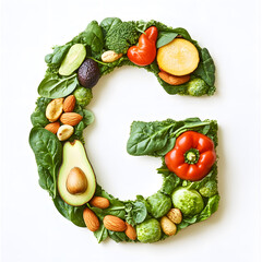 Letter &lsquo;G&rsquo; Made from Vitamin E-Rich Fruits and Vegetables on White Background
