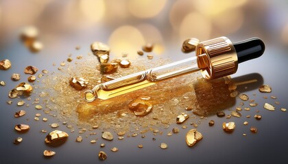 pipette with golden skincare serum with gold flakes for luxurious beauty treatments
