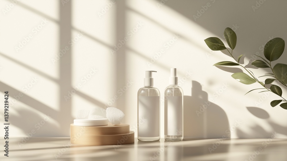 Aufkleber clear glass bottles and a cosmetic jar on a minimalist surface with soft shadows in a serene setting