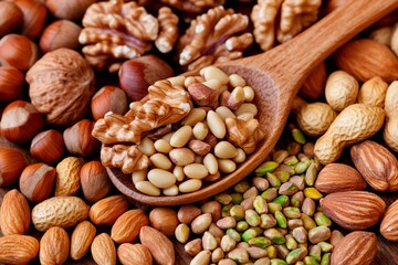A wooden spoon holds a mix of pine nuts and walnuts among an assortment of various nuts and seeds. The textures and colors showcase the natural beauty of these healthy snacks
