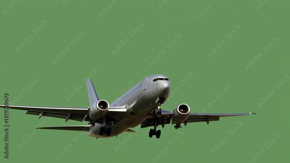 Poster passenger airplane landing on green screen background, preparing for precise compositing with transp
