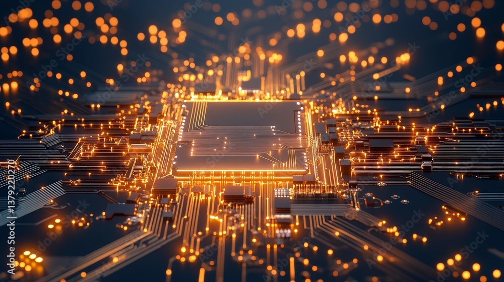 Aufkleber abstract digital circuit board with glowing lights and intricate pathways.