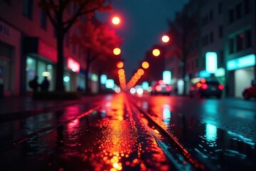 Obraz premium Abstract late-night city lights reflecting on wet pavement, black, lights