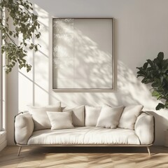 A white couch with a white frame and a white pillow on it. The couch is in a room with a window and a potted plant