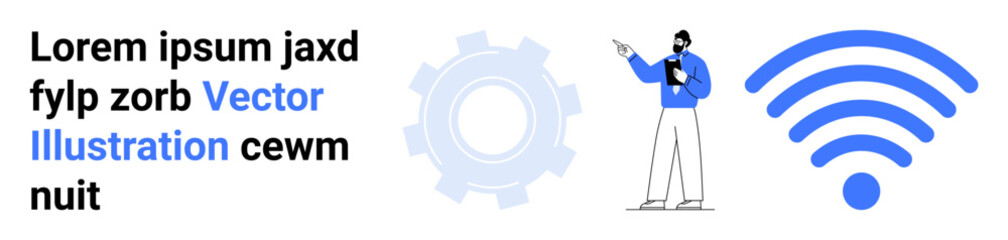 Professional analyzing data with clipboard, gear for process concept, wireless for connectivity. Ideal for industry, communication, engineering, analysis, workflow, smart tech simple landing page