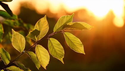 Obraz premium sunlit leaves glowing in the golden hour a tranquil close up of nature s beauty captured during sunrise or sunset