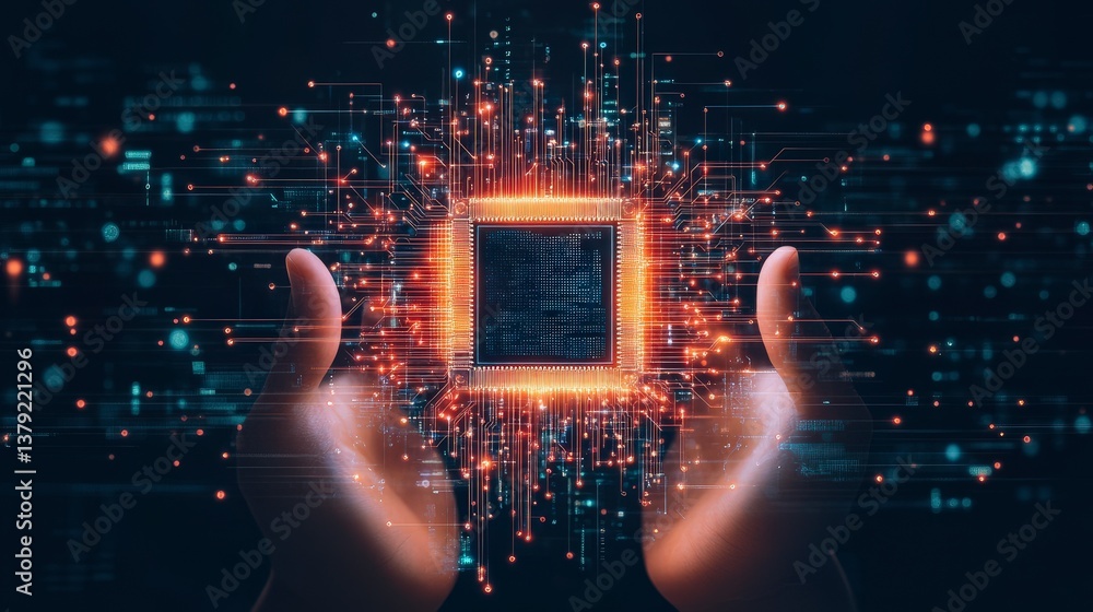 Poster a person holds a glowing microchip surrounded by digital circuitry, symbolizing technology and innov