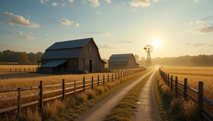 Scenic rural farm landscape with traditional wooden barns, a windmill and a dirt road leading through vast golden wheat fields under a warm sunset sky