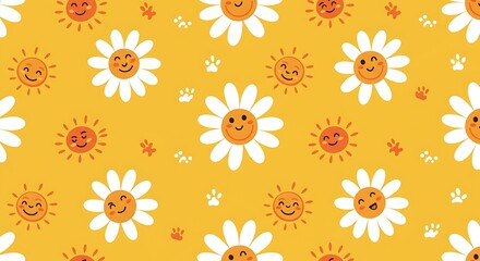 Happy Sun And Daisy Pattern Cheerful Yellow Orange White AI Generated