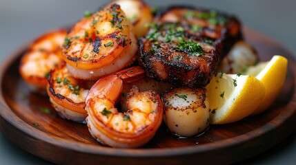 Grilled seafood platter featuring shrimp and scallops arranged with lemon wedges and herbs