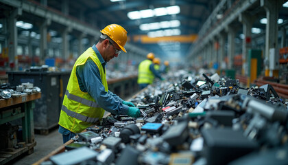 Worker sorting electronic waste in a recycling facility  