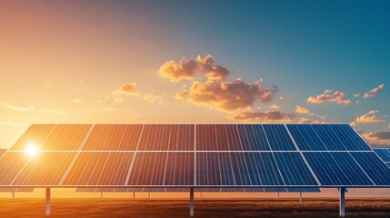 Solar panels basking in golden sunlight against a vibrant sky at sunset.