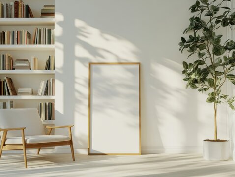 Fototapeta A white chair is in front of a white wall. A white framed picture is on the wall. A potted plant is on the floor