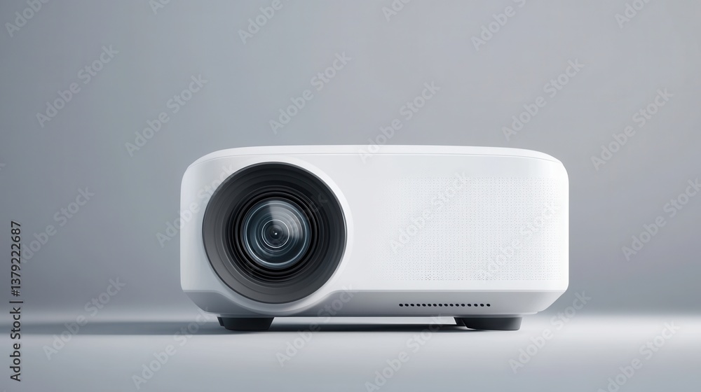Poster modern white projector with sleek design and sharp lens on minimalistic gray background