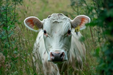 A white cow with ear tags gazes directly at the camera amidst tall grass and wildflowers, with a...