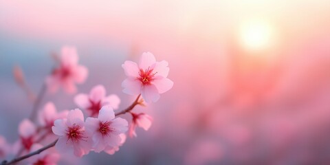 Cherry blossom branches bloom during sunset with soft pastel hues in the background creating a peaceful atmosphere