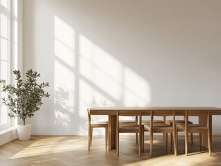 Fototapeta premium A large wooden dining table with six chairs around it. A potted plant is in the corner of the room