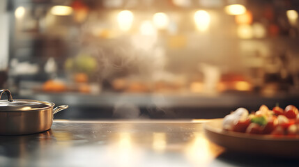 Blurry Kitchen Background with Ingredients and Utensils in Warm Lighting for Branding Banner
