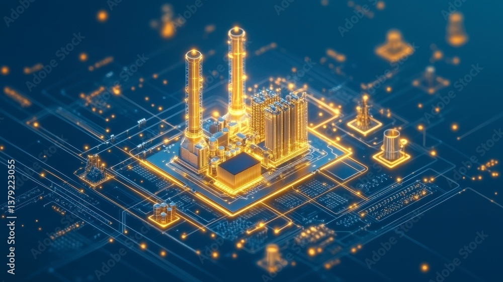 Aufkleber futuristic power plant design with glowing lines and structures on a digital grid background.