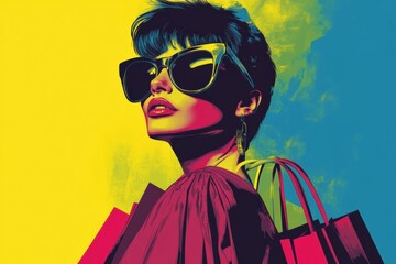 Fashionable woman with oversized sunglasses enjoys shopping in vibrant pop-art style portrait showcasing bold colors