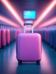 Fototapeta premium Vibrant pink suitcase stands out in a brightly lit airport hallway filled with luggage