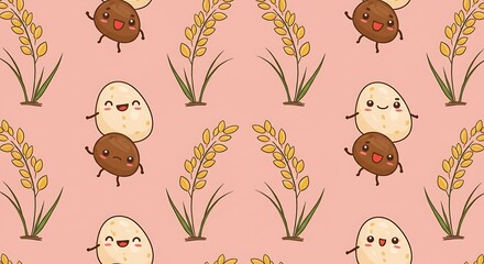 Naklejka premium Adorable Rice Cartoon Seamless Pattern Warm Hues AI Generated