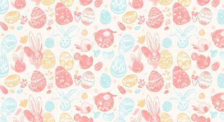 Pastel Easter Bunnies And Eggs Seamless Pattern AI Generated