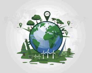 illustration poster design green Earth with trees, windmills, and a focus on sustainability and Eco-friendly travel using GPS technology. 
