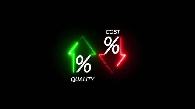 Quality and cost control concept on transparent background. Successful organization strategy and management quality control. Percentage icon of quality with up arrow and cost with down arrow.
