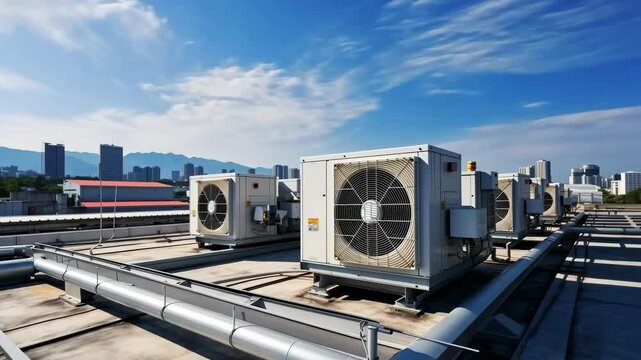 Wide-angle video shot of rooftop HVAC units under a clear sky, showcasing urban infrastructure with a cityscape in the background.