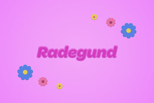 Radegund female girl name illustration in pink with blossoms, flowers