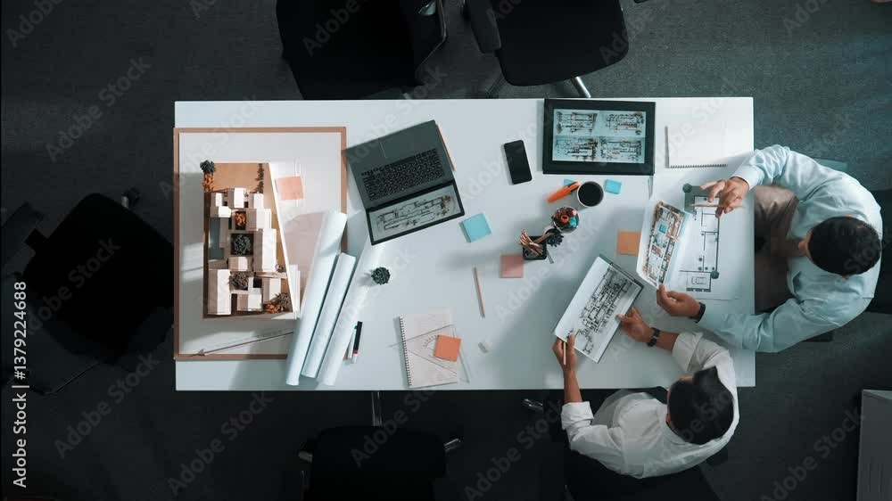 Poster architect team discussing and pointing and presenting blueprint to interior designer. aerial view pr
