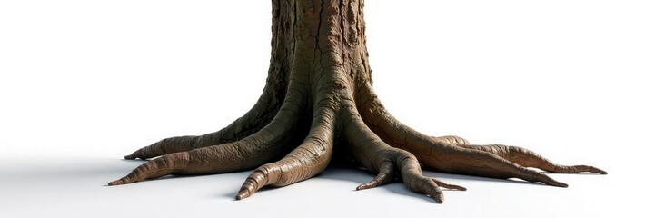 Obraz premium Isolated tree trunk on white background with roots spreading out, earthy tones, single tree, bark