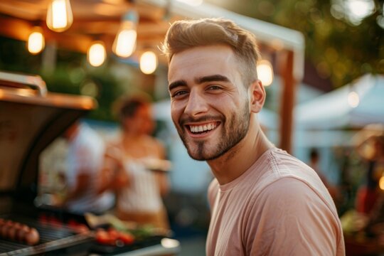 Portrait of a smiling young Caucasian man attending a barbecue on a summer day