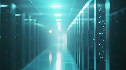 Futuristic Tech Background with Blurry Server Lights and Soft Blue Glow