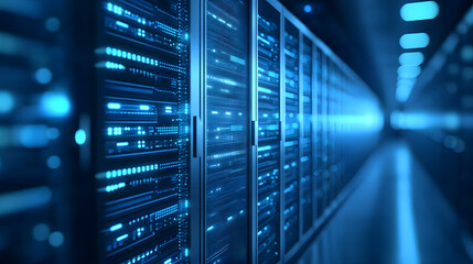 Futuristic Tech Background with Blurry Server Lights and Soft Blue Glow