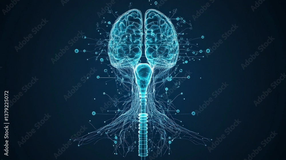 Poster abstract illustration of a brain with neural connections and circuitry on a dark background.