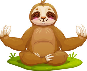 Cartoon lazy sloth in meditation Zen, funny cute animal for kids, vector character. Cheerful sloth in Buddah posture with harmony finger gesture in meditation or peaceful relaxation and tranquility