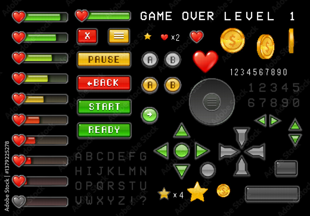 Poster 8bit pixel art game interface buttons, loading bar, rating and health icons asset. vector ui set of 