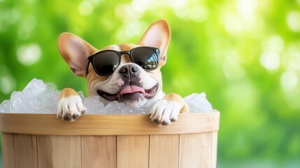 French Bulldog cooling off in ice bucket, wearing sunglasses on a hot day.