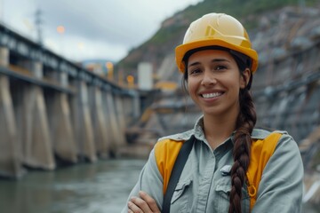 Portrait of a smiling young Hispanic female engineer at hydroelectric plant