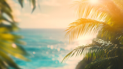 Blurry Tropical Beach with Turquoise Sea, Palm Trees, and Sun Flare in Wide Banner Format